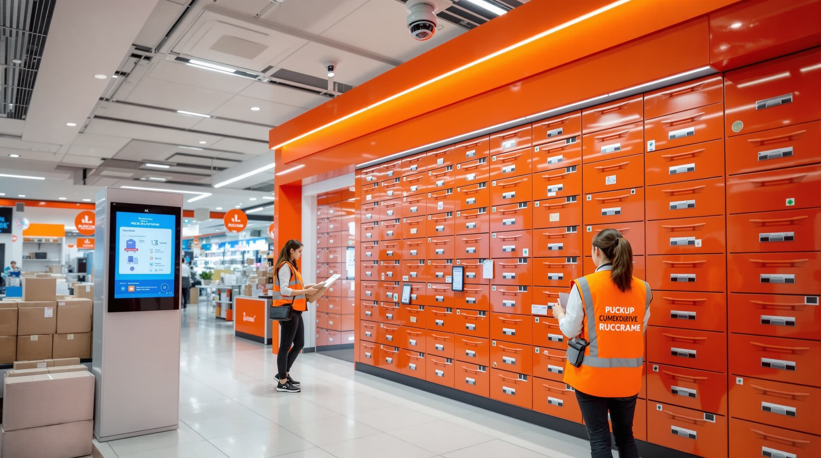 Пункт выдачи с постаматами в оранжевых тонах